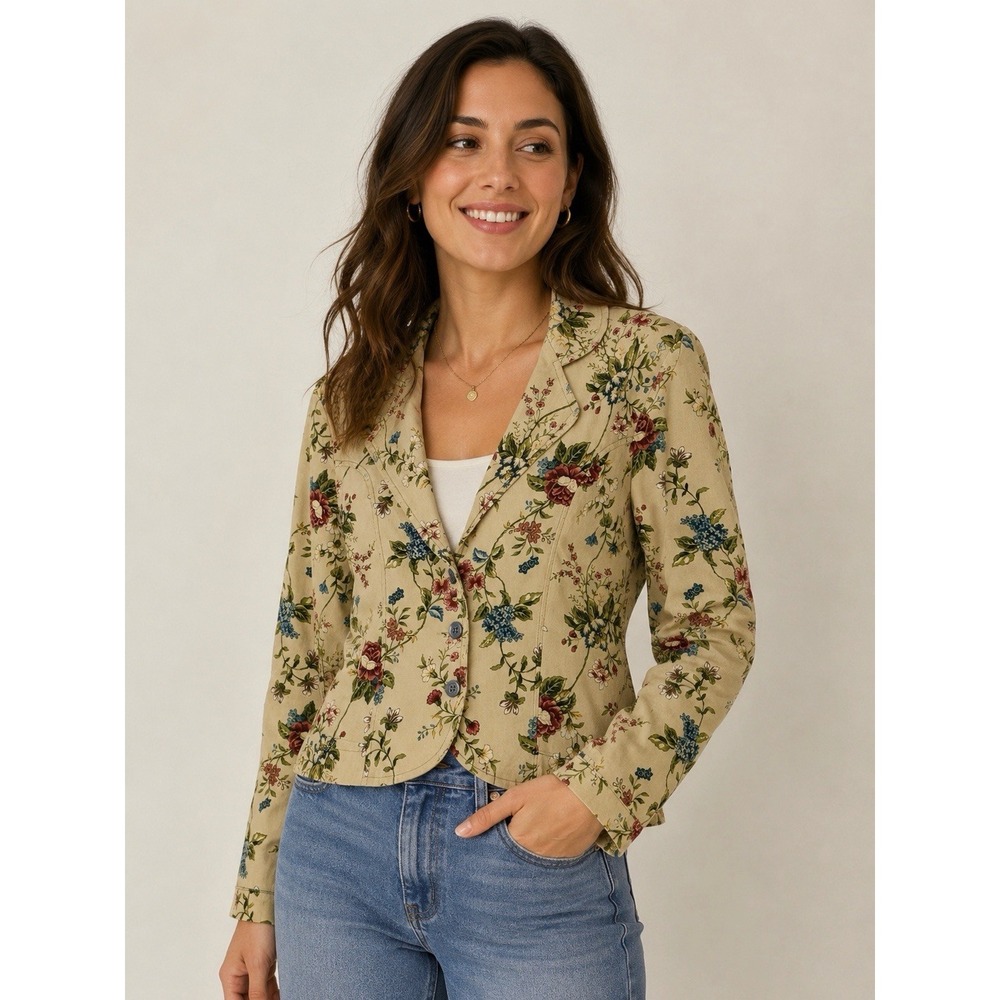 Hippie Chic Women's Biege Floral Cropped Long Sleeve Blazer Size M
